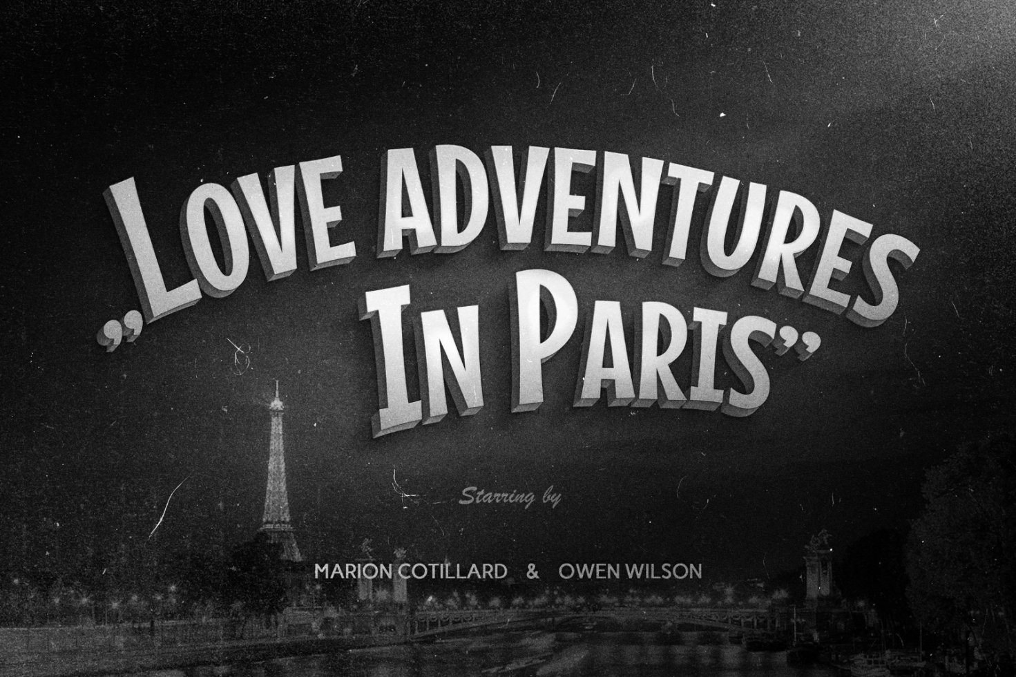 Vintage movie title mockup reading Love Adventures In Paris on a black and white background featuring the Eiffel Tower; suitable as a retro design template.