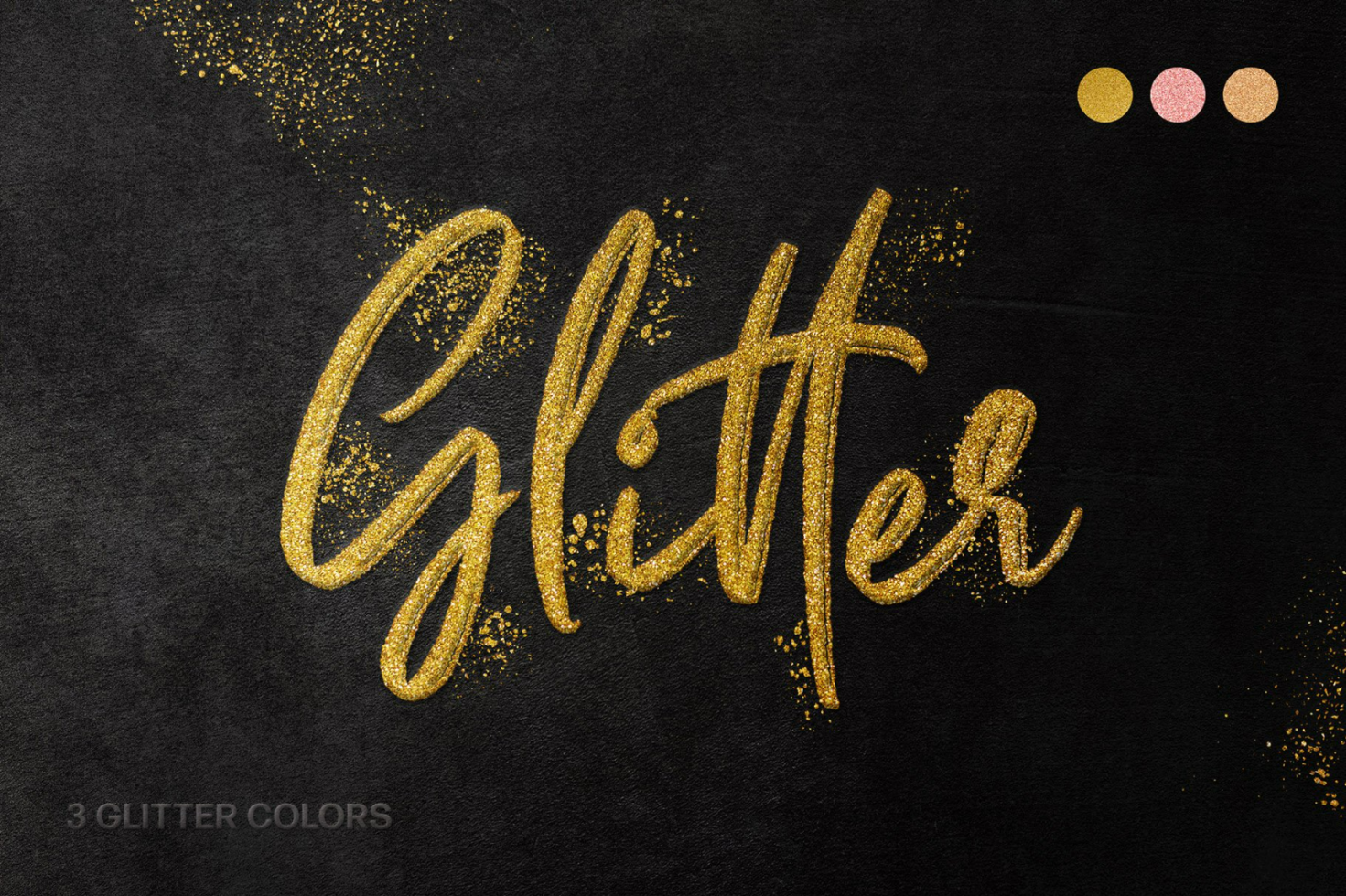 Gold glitter text effect on black background with sparkles, 3 glitter colors available graphics, suitable for templates, mockups, digital design elements.