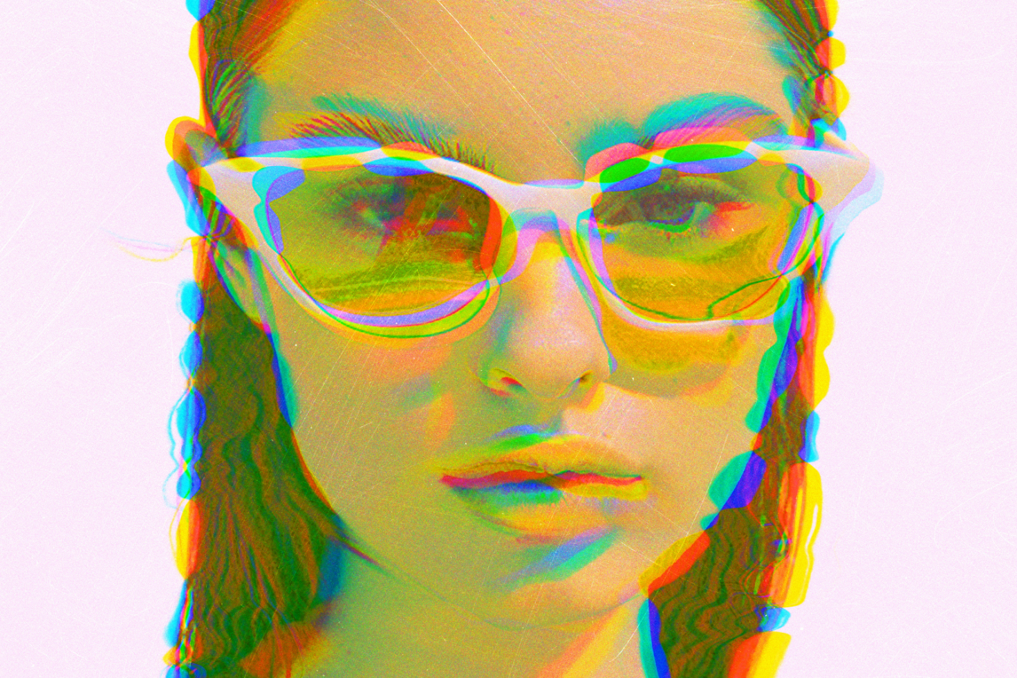 Vibrant distorted female portrait with glitch effect. Perfect for designers creating unique graphics, digital art, templates, and vibrant visuals.