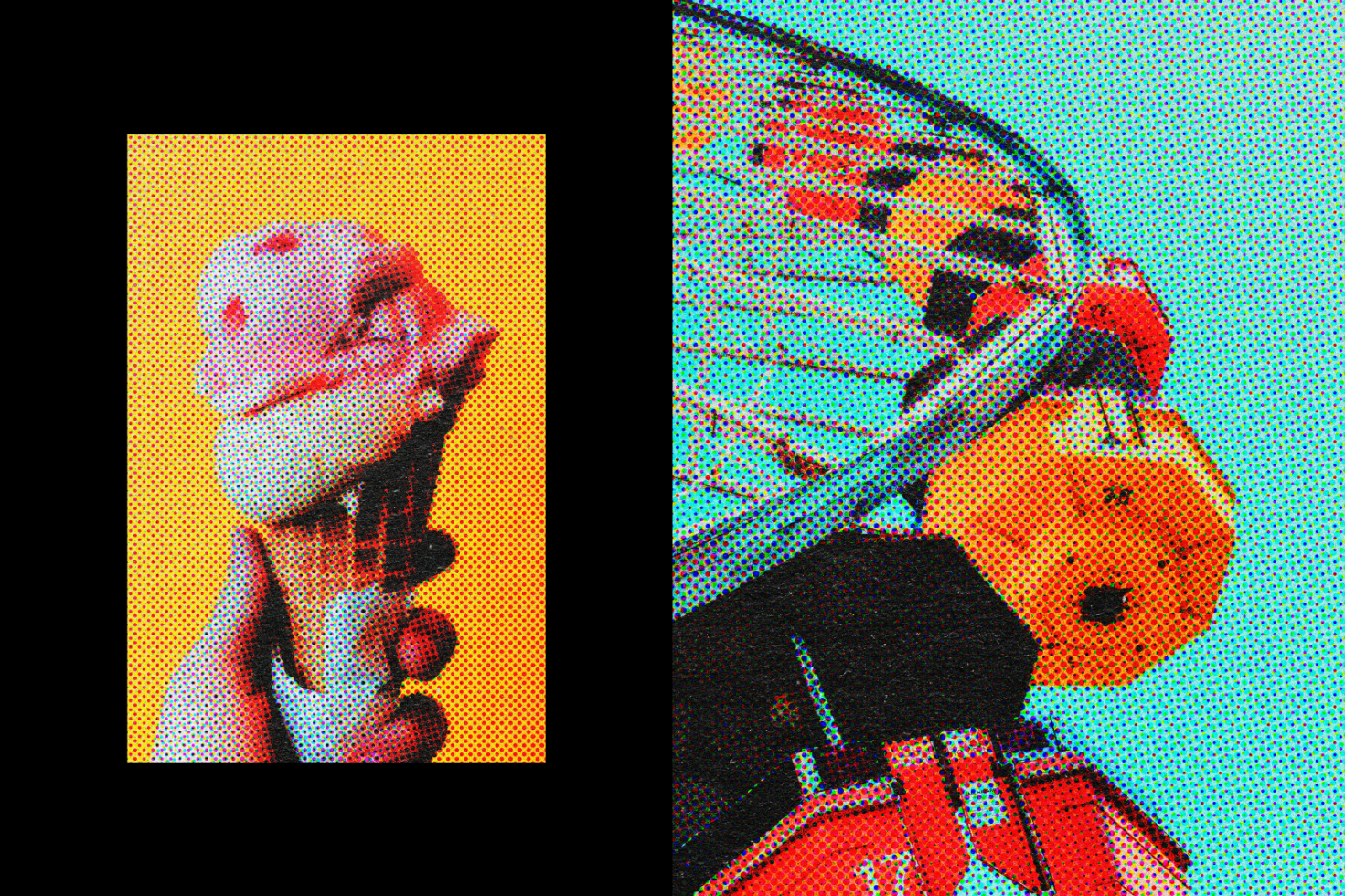 Retro halftone graphic featuring a hand holding ice cream and a ferris wheel. Pop art style illustration. Ideal for mockups, graphic design, templates, and posters.