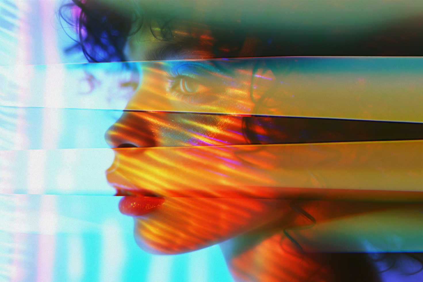 Abstract artwork showing a profile of a person through colorful light filters creating a vibrant and artistic effect. Suitable for graphics or design templates.