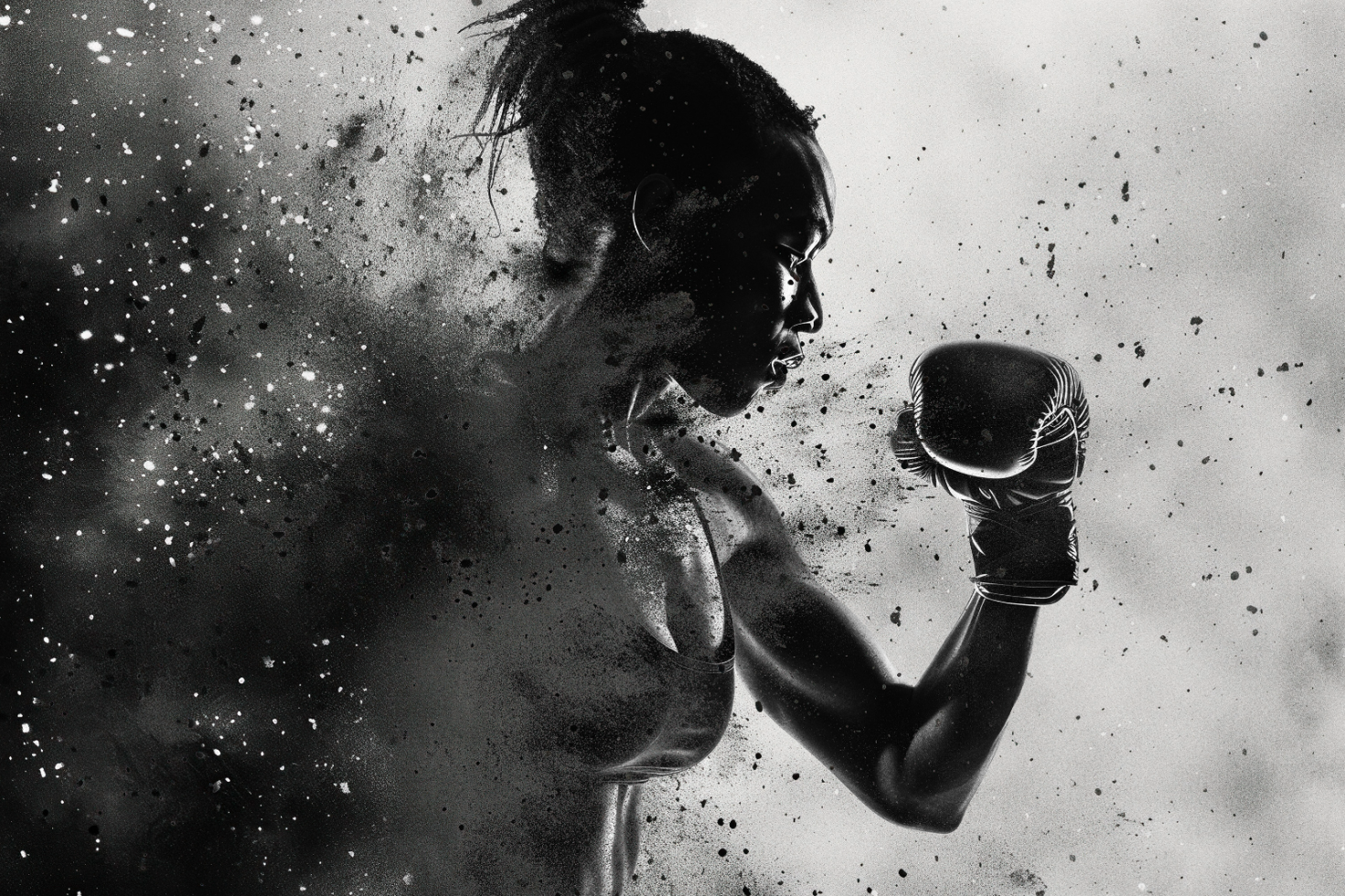 Digital asset Boxing Fighter Black and White Photoshop Template for Designers. Use in design, posters, graphics. High resolution, abstract particles effect.