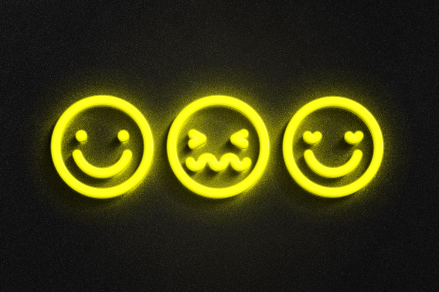 Yellow neon smiley face graphics on dark background showcasing three different expressions happy angry loving suitable for digital asset mockup or graphic design.