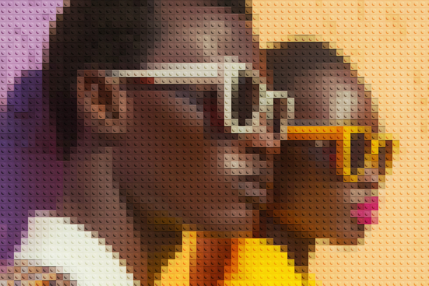 Two individuals in Lego brick style wearing glasses. Digital art graphic for creative mockups templates designers. Vibrant colors, pixelated Lego effect.