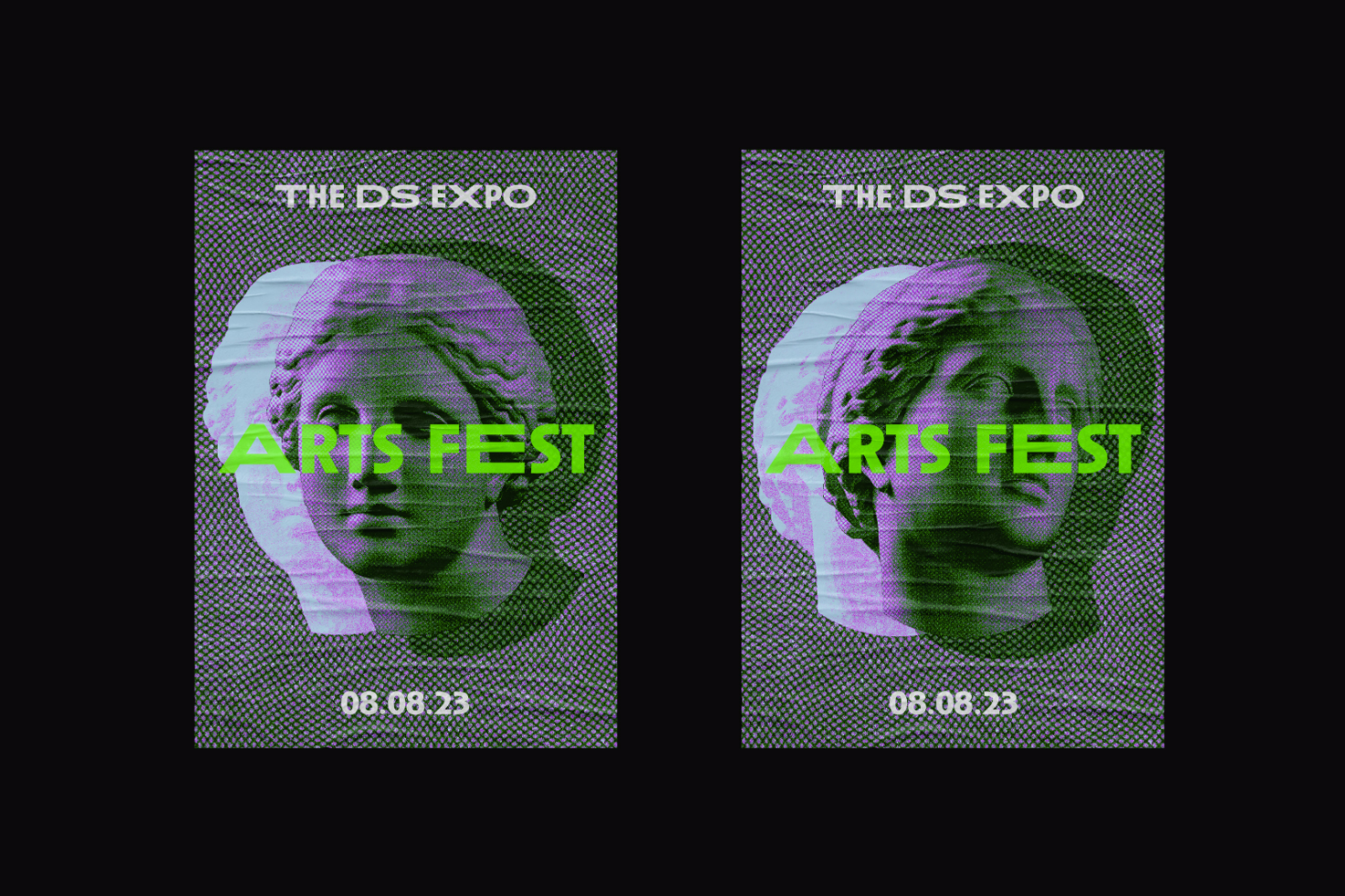 Abstract poster template for art festival with pixelated classical statue, green bold text Arts Fest, dot halftone pattern, and date 08.08.23. Ideal for designers.