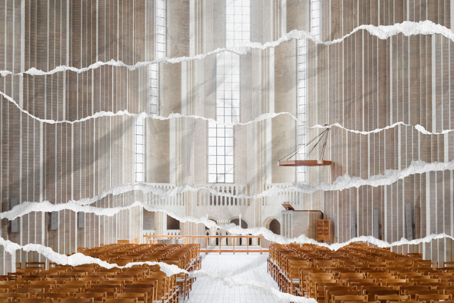 Abstract torn paper effect church interior mockup template high ceilings minimalist design vertical windows wooden chairs perfect for graphic designers