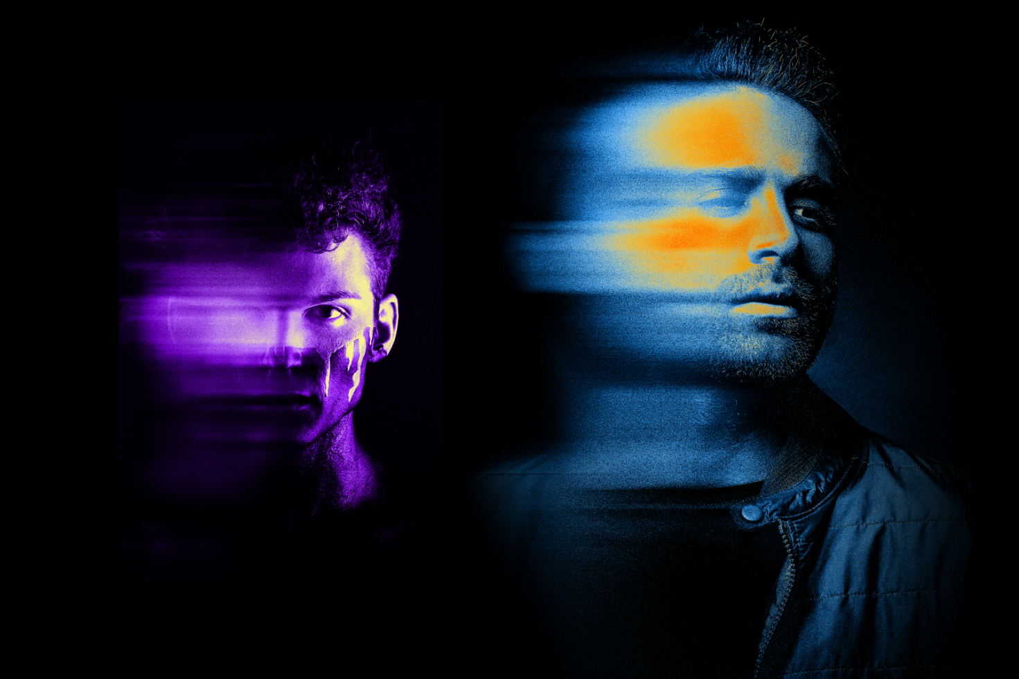 Digital graphics artwork showing two men with artistic motion blur and color effects suitable for creatives, designers, and design mockups use.