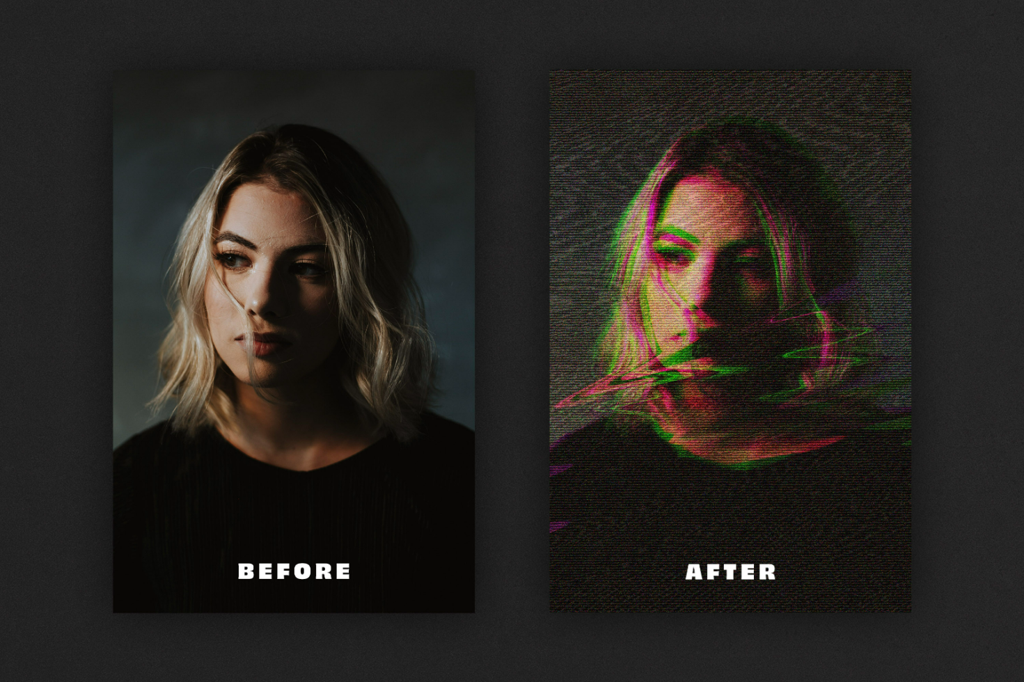 Before and after photo effect mockup showing a woman's portrait turned into a glitch art style. Ideal for designers seeking creative visual effects.