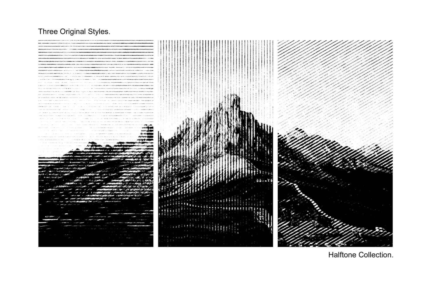 Halftone landscape collection showcasing three unique styles. Ideal for graphic design, texture, backgrounds. Vaporwave effect, illustrative design asset.