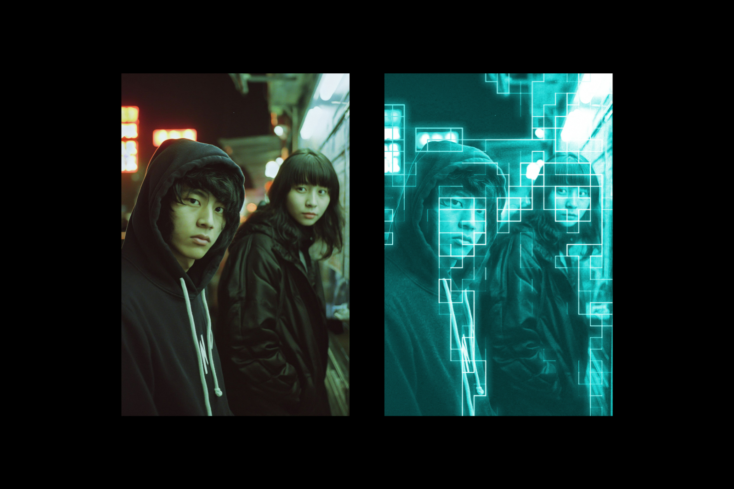 Split image of two young people in hooded jackets by a neon-lit urban background, transformed into a futuristic digital effect, suitable for graphic design.