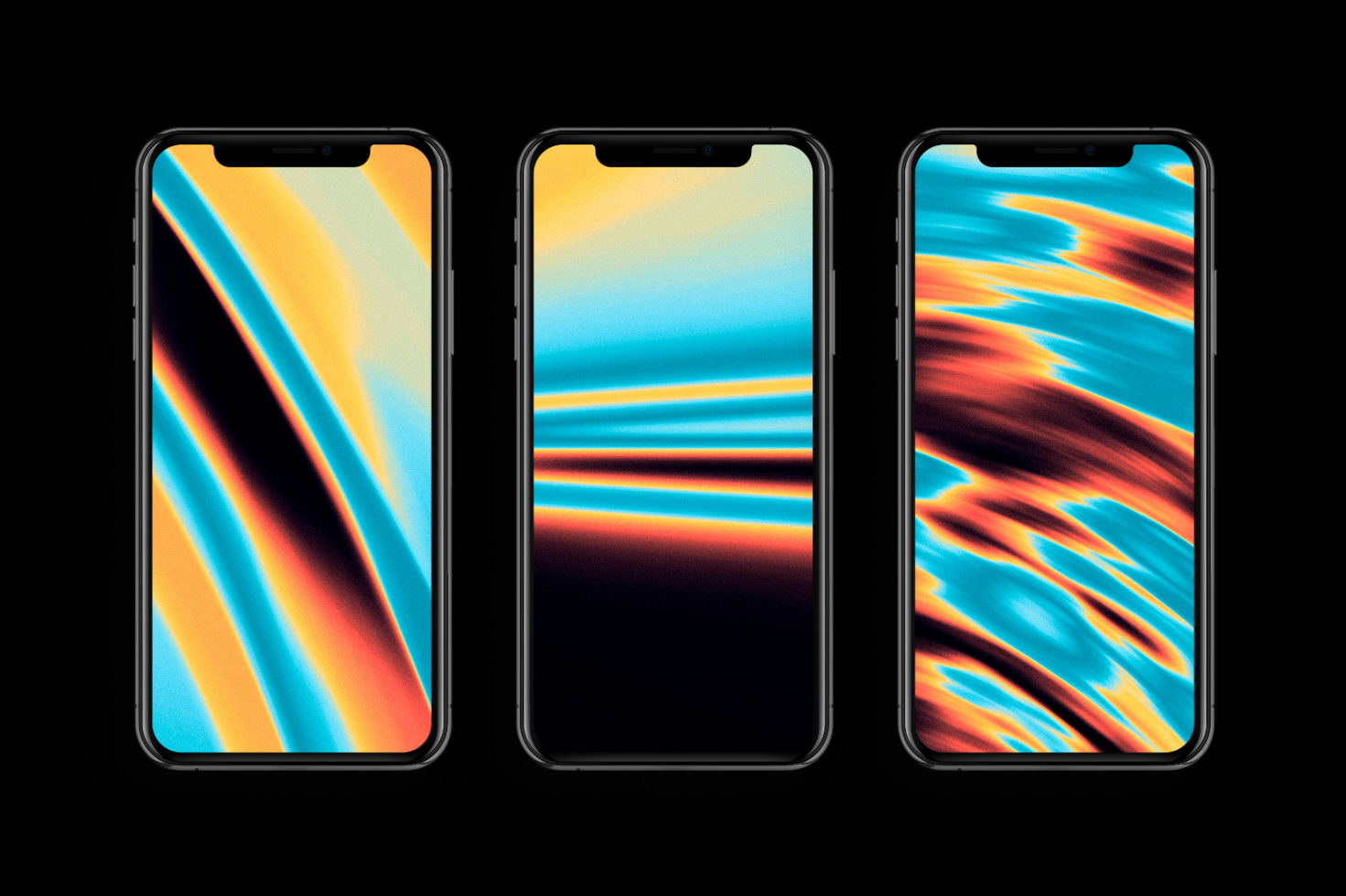 Three smartphones displaying abstract vibrant gradient backgrounds, perfect for designers looking for modern phone mockups and digital assets.