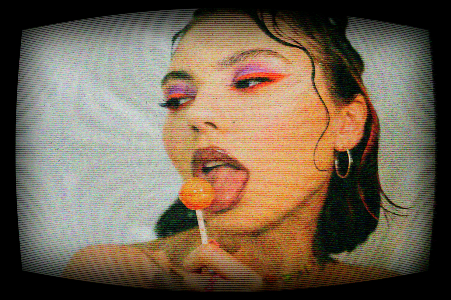 Retro-inspired graphic featuring a woman with bold makeup licking a lollipop. Suitable for designers looking for edgy, nostalgic digital assets. Mockups, templates.