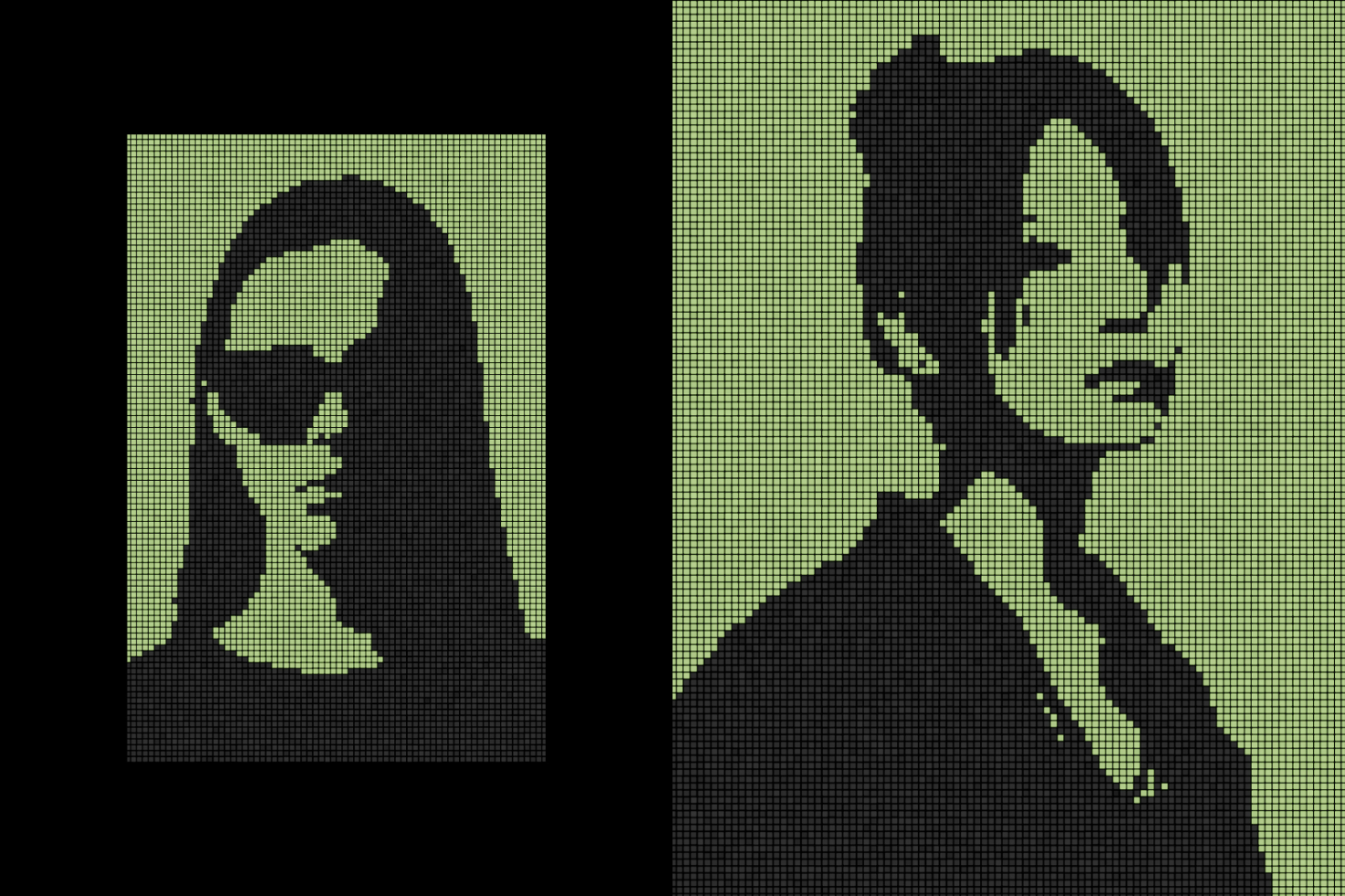 Pixel portrait artwork of two women on a green background, ideal for digital graphic designers, mockups, or template designs. High-resolution image.