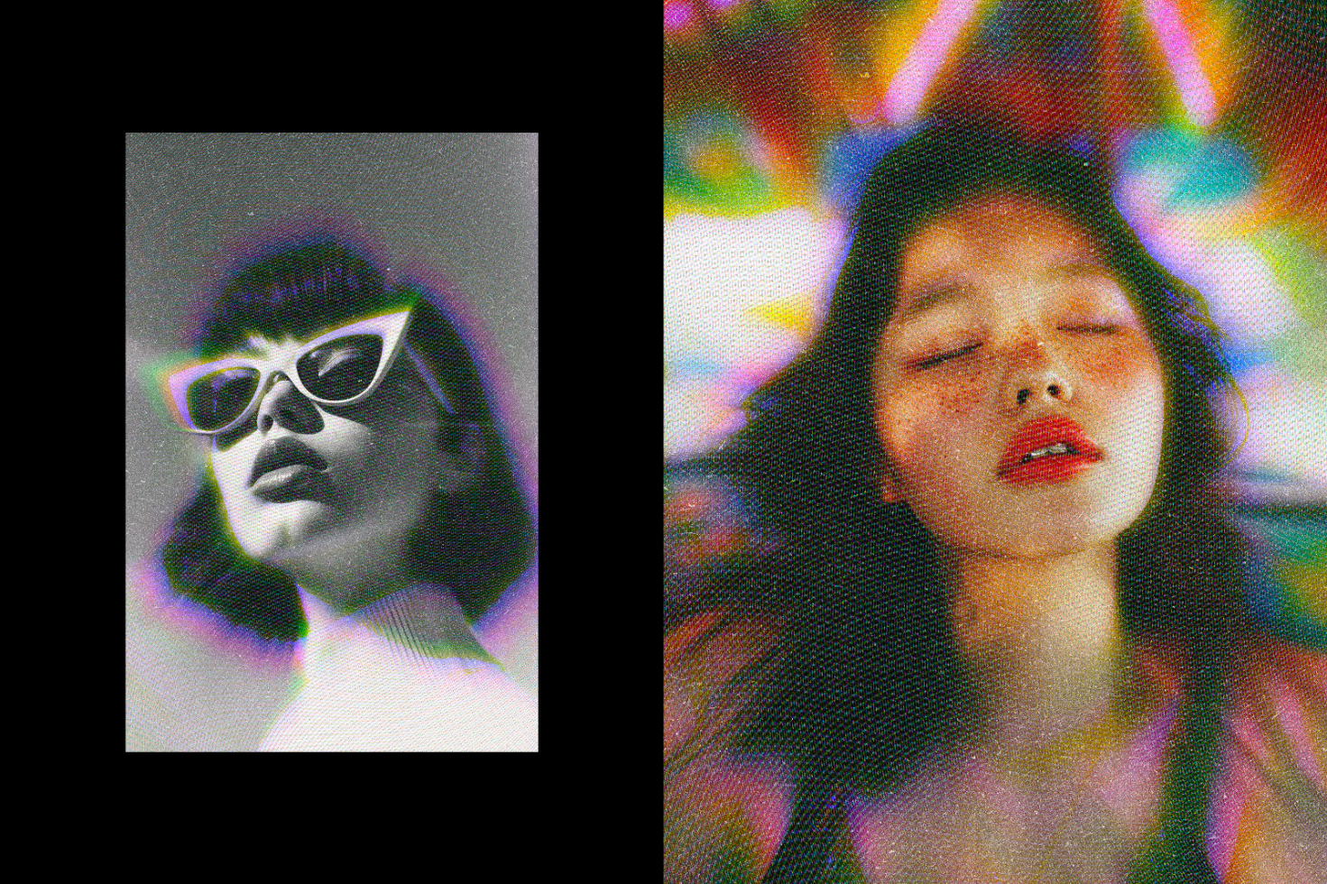 Two vibrant vintage styled portraits: one in black and white with retro sunglasses, the other colorful with dreamy expression. Ideal for graphic design templates.