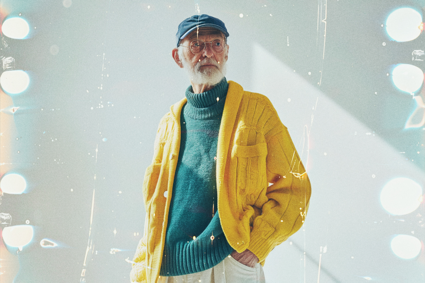 Stylish elderly man in trendy yellow sweater and cap, retro effect. Perfect for fashion Mockups, photo Graphics, and digital design Templates.