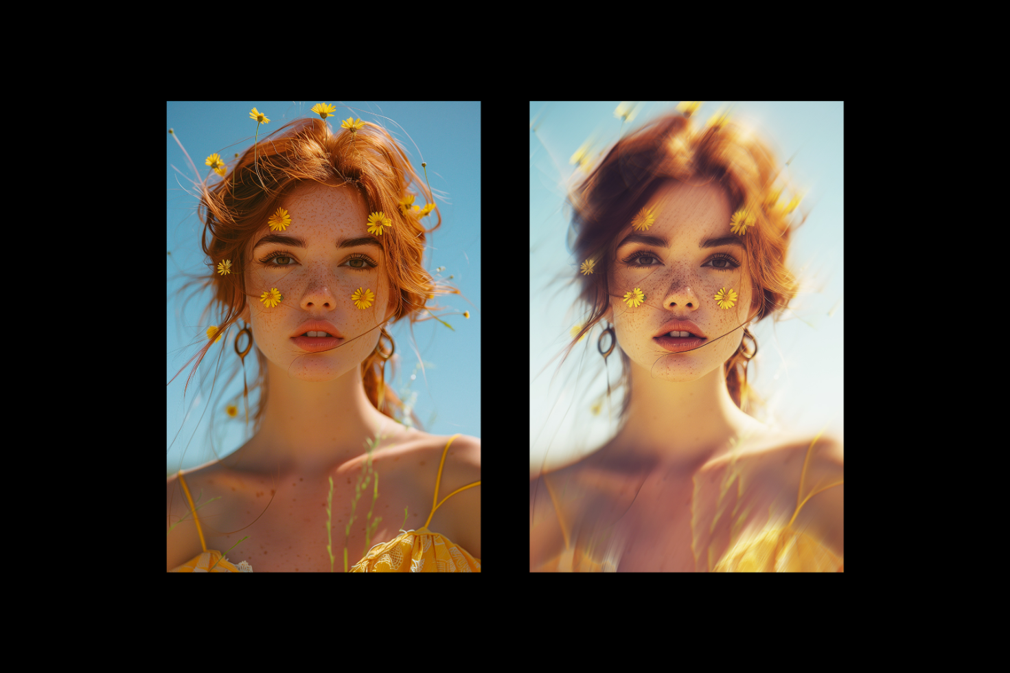 Digital mockup featuring a young woman with flowers in her hair. Includes sharp and blurred versions. Ideal for design templates, graphics, creative projects.