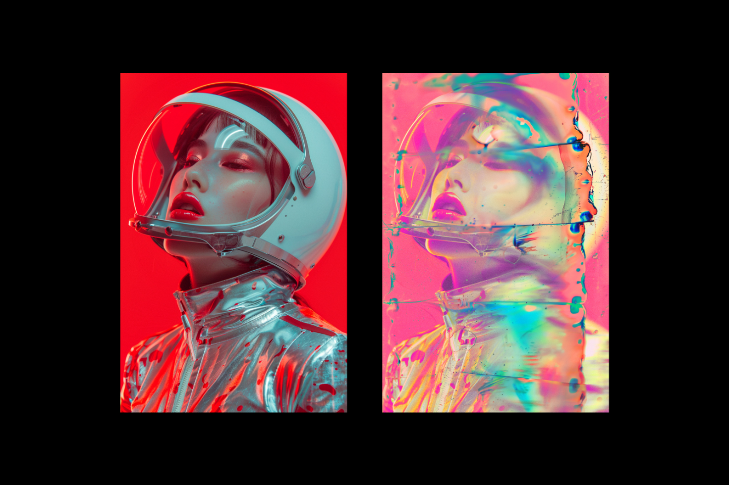 Portrait in astronaut helmet with red and silver tones, split screen effect with vibrant holographic overlay. Suitable for graphic designers, mockups, digital art.