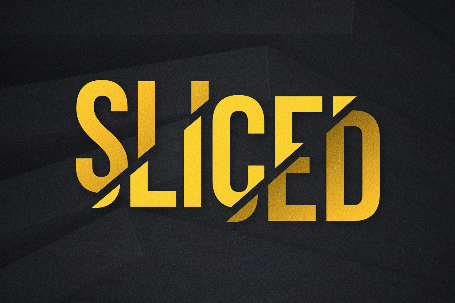 Bold yellow sliced text effect on a dark textured background ideal for digital design assets. Perfect for typography, graphics, font design mockup templates.