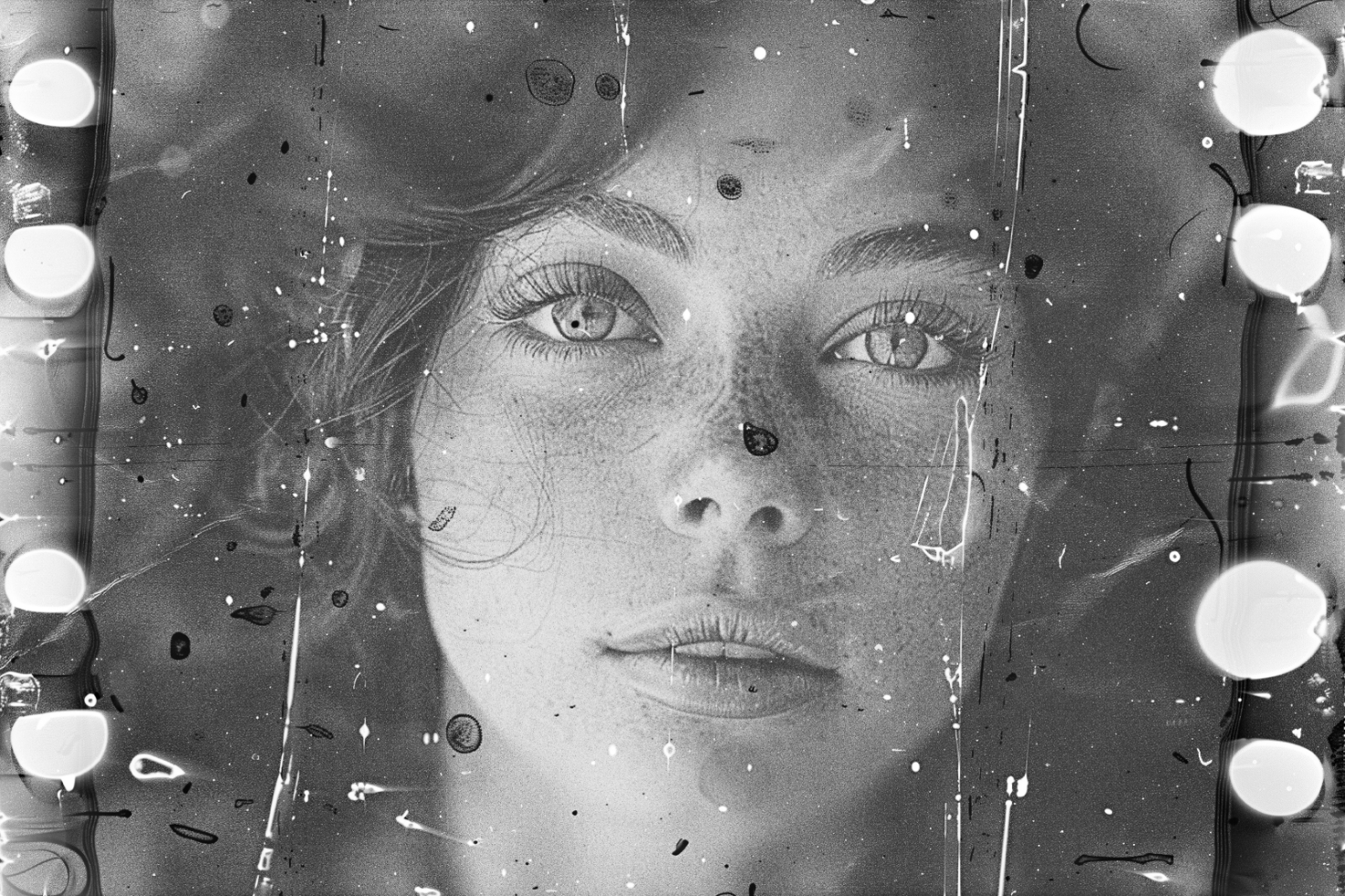 Close-up of a woman's face with heavy film grain and light leaks. Ideal for designers seeking distressed textures or analog photography effects mockups.