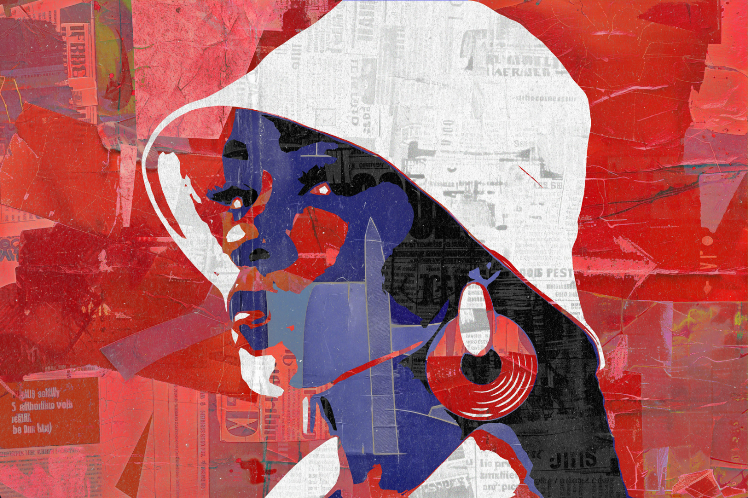 Colorful abstract graphic illustration of a woman with a hat and earrings against a textured red background. Suitable for designers and digital assets.