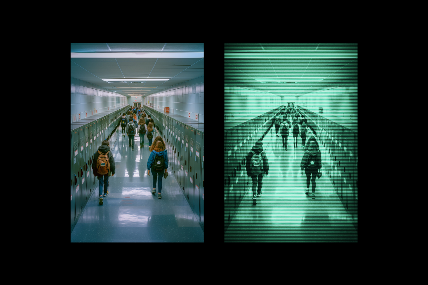 School hallway mockup showing students walking with lockers on both sides, featuring a normal and a green-tinted digital effect version commonly used for templates.