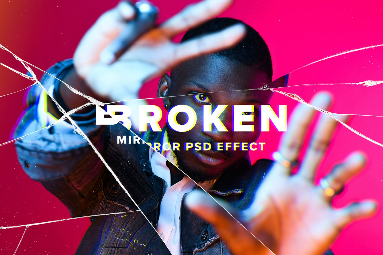 Broken mirror PSD effect on a vibrant background featuring a person and cracked glass overlays. Great for designers looking for unique mockup effects.