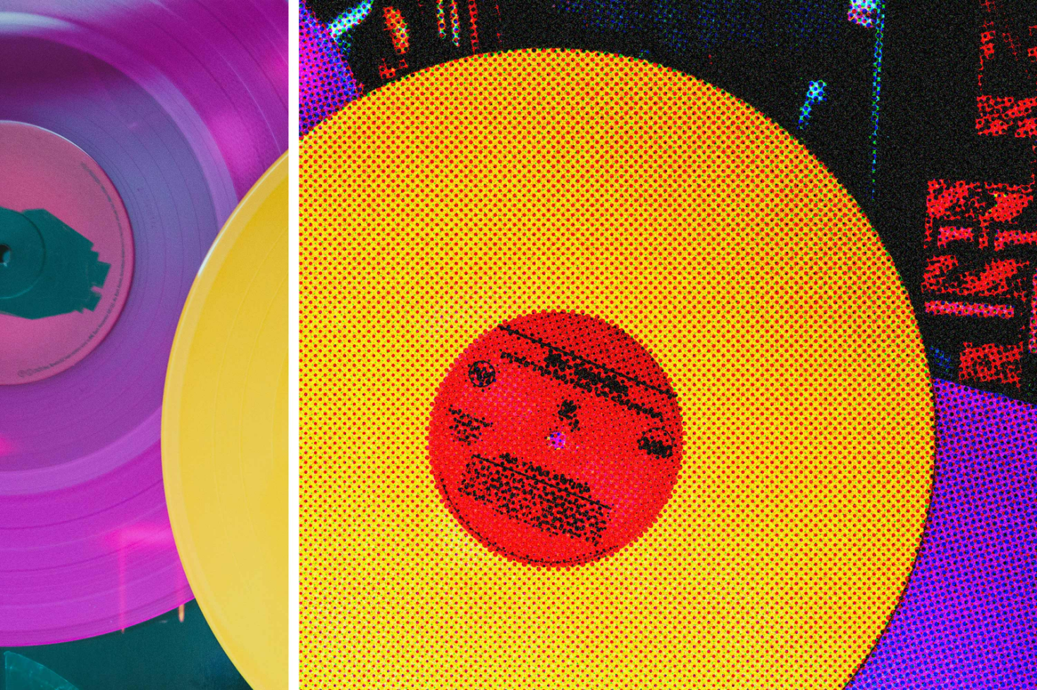 Close-up of two vibrant vinyl records in pink and yellow colors, ideal for retro-themed graphic design projects. Graphic assets. Designers. Mockups. Templates.