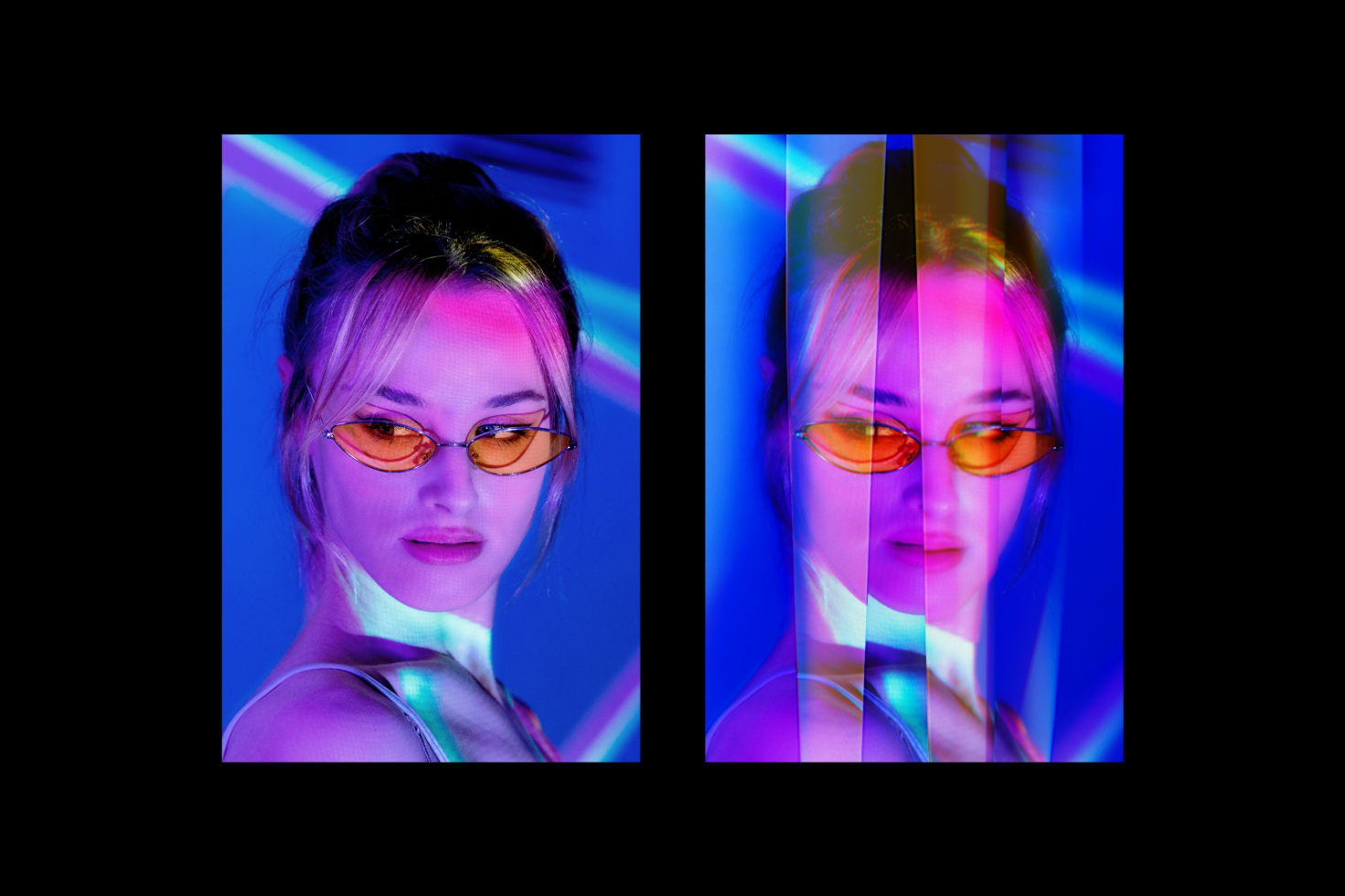 Two vibrant graphic images of a woman with orange sunglasses and neon lights, showcasing abstract design for designer assets. Ideal for mockups, templates, graphics.