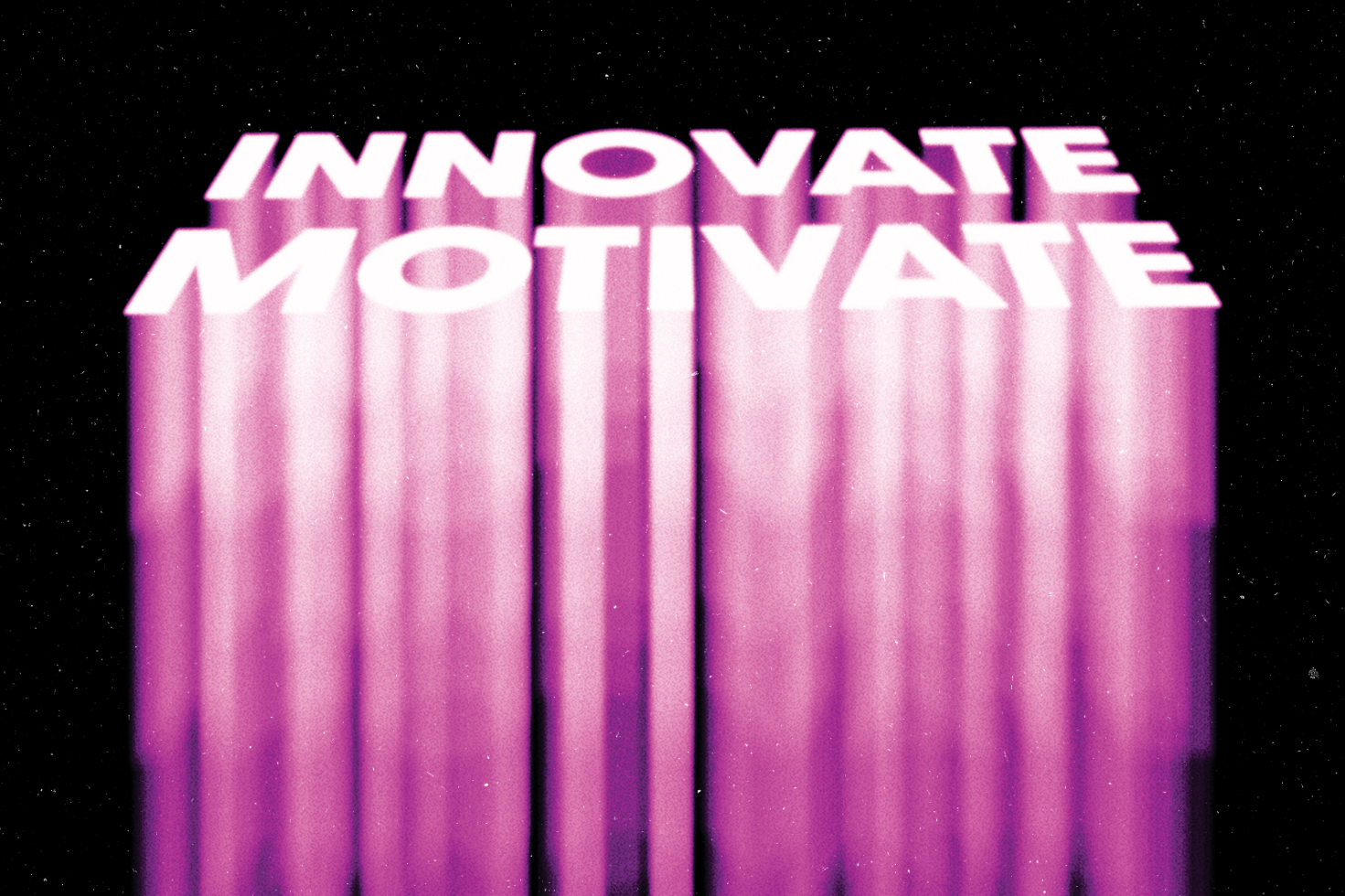 3D text says Innovate Motivate with pink and white gradient. Suitable for poster mockups templates graphics. Keywords: innovative design motivating message 3D text.