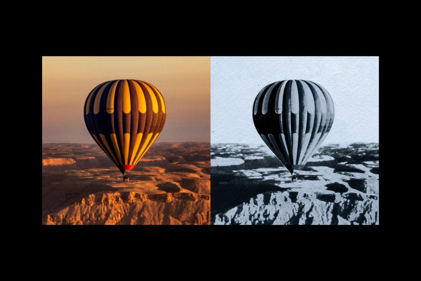 Hot air balloon in colorful and black-and-white contrast design. Perfect for mockups, graphics, templates, and design projects. Ideal for creative professionals.