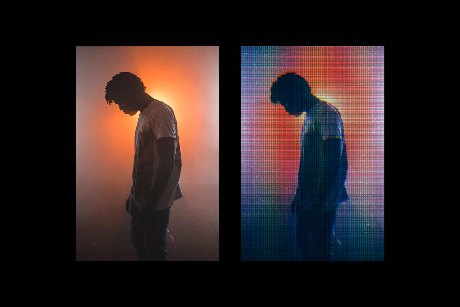 Silhouette of a man standing in front of an orange light on the left, pixelated version of the same image on the right. Perfect for graphic design mockups.