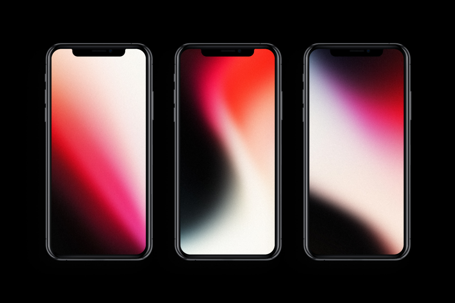 Three frameless smartphone mockups with abstract gradient backgrounds, perfect for showcasing app designs, digital art, or responsive layouts.