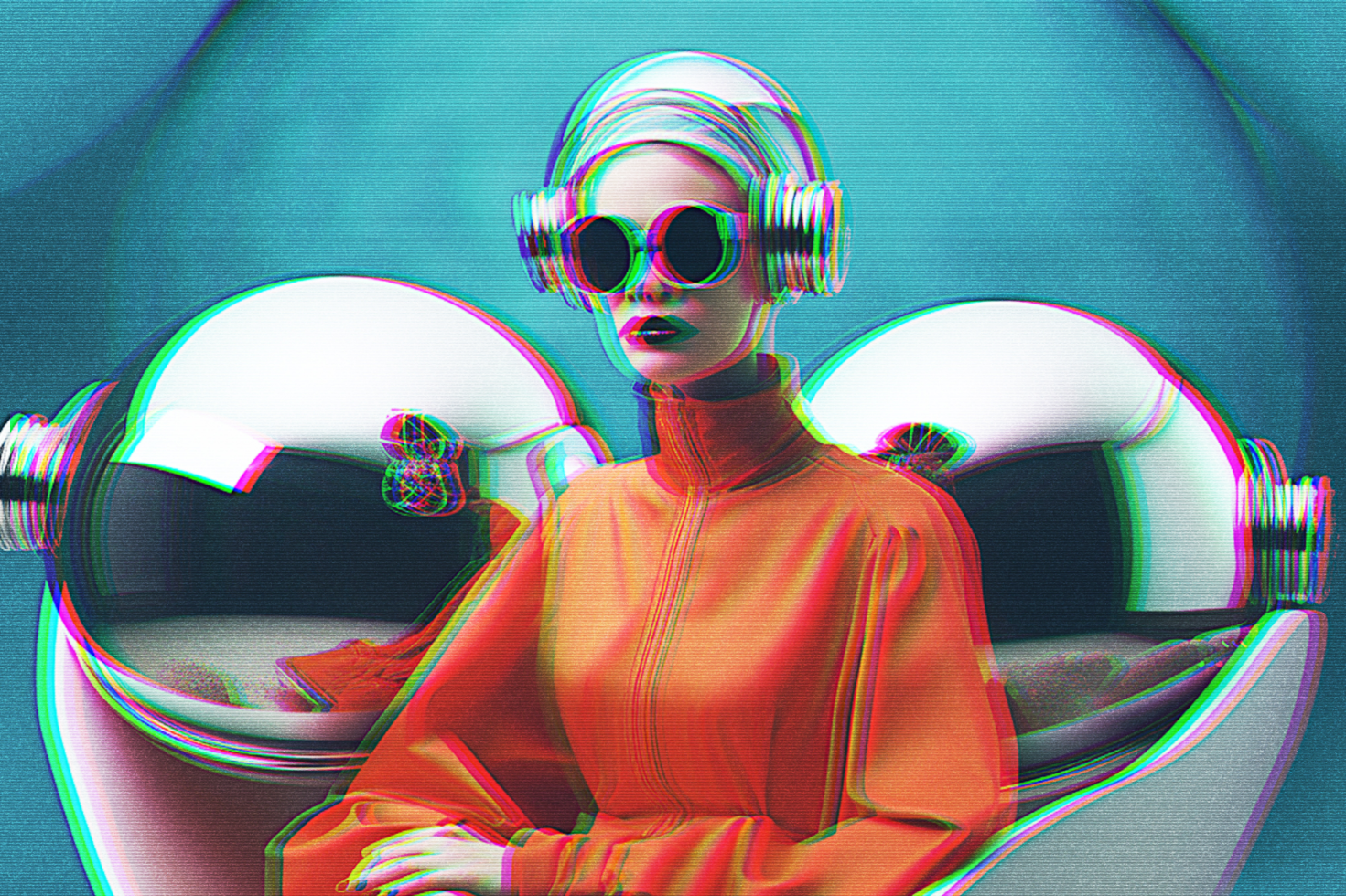 Futuristic graphic design of a stylish figure in vibrant colors wearing a headset and sunglasses with a glitch effect. Ideal for digital asset mockups and templates