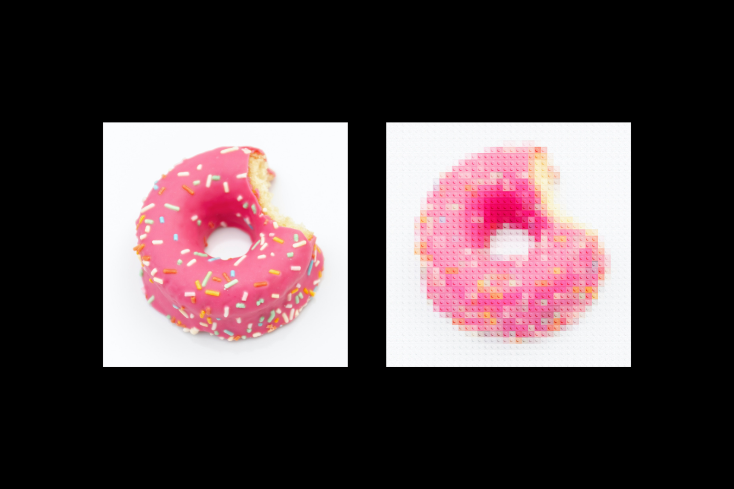 Donut design illustration showing a real bitten pink frosted donut with sprinkles beside a pixelated version made of plastic bricks Digital Assets for Designers