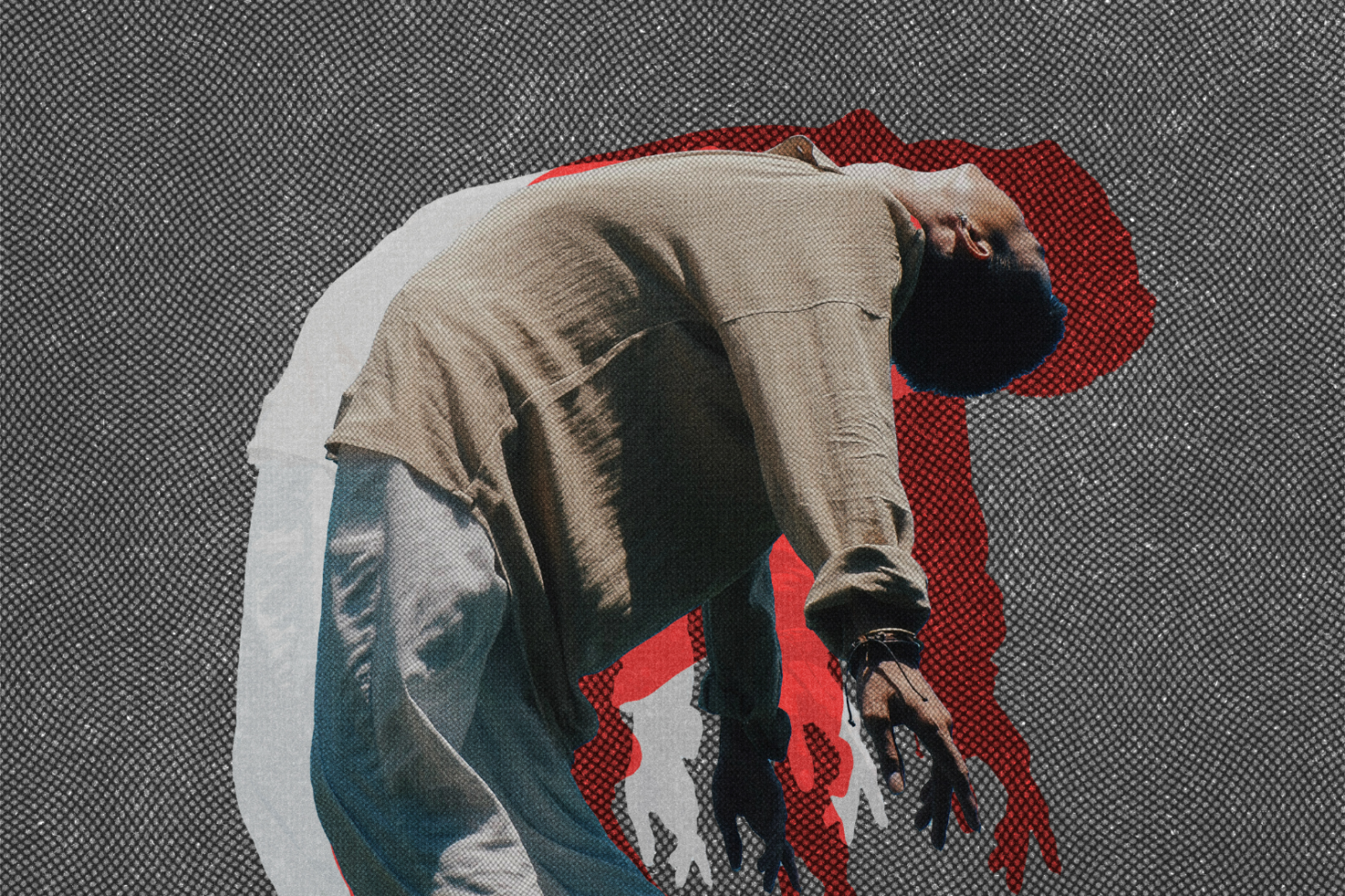 Abstract graphic of a person leaning back with red, white, and gray shadows on a textured background suitable for design templates and graphic design projects.