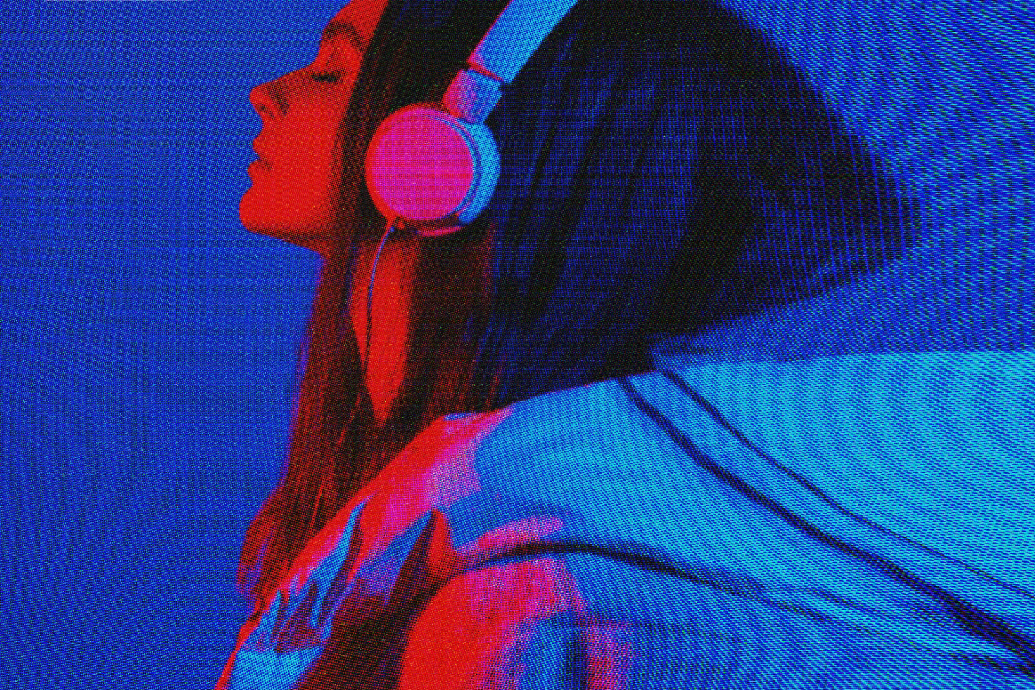 Digital art of a person wearing headphones with red and blue lighting effects suitable for graphics and designers digital assets marketplace alt text for SEO