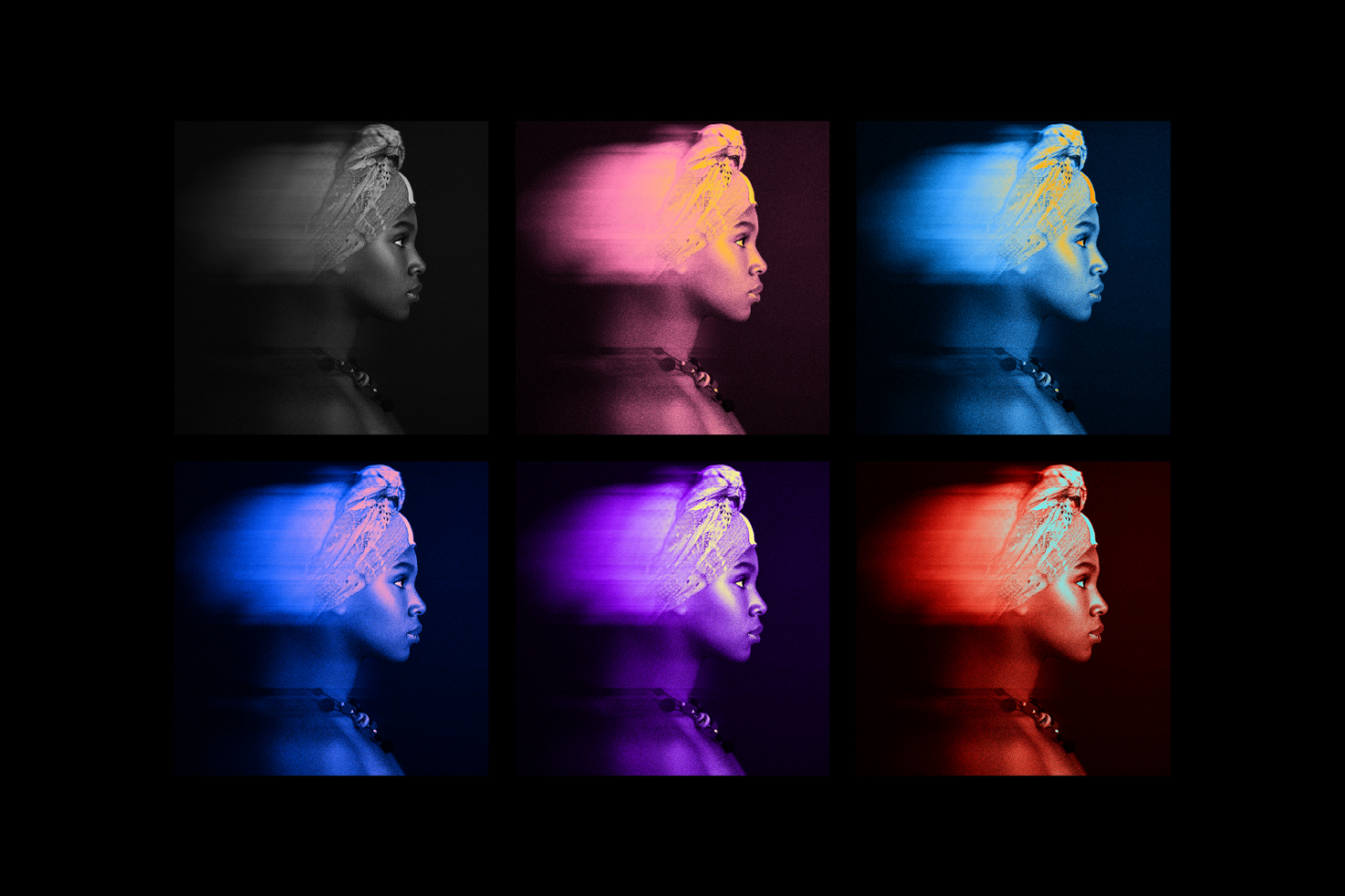 Colorful artistic graphic of six profile portraits with motion blur effects design asset for digital artwork mockups templates and visuals for designers.