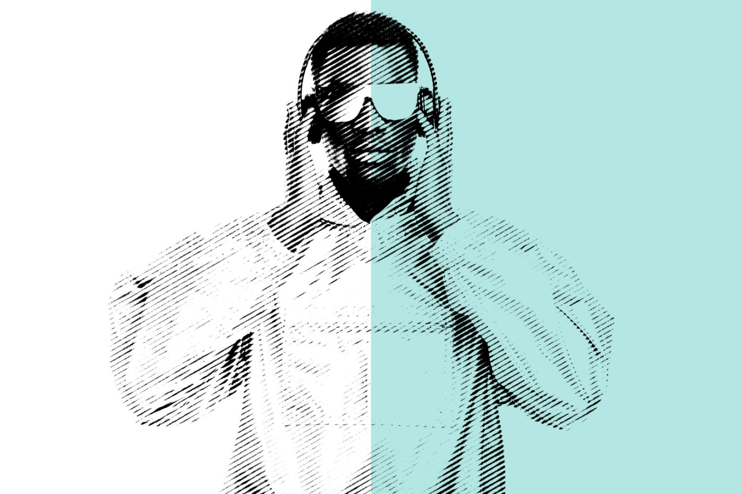 Halftone graphic design of person wearing headphones with eye patch. Split black and white with cyan background. Ideal for mockups templates and graphics.