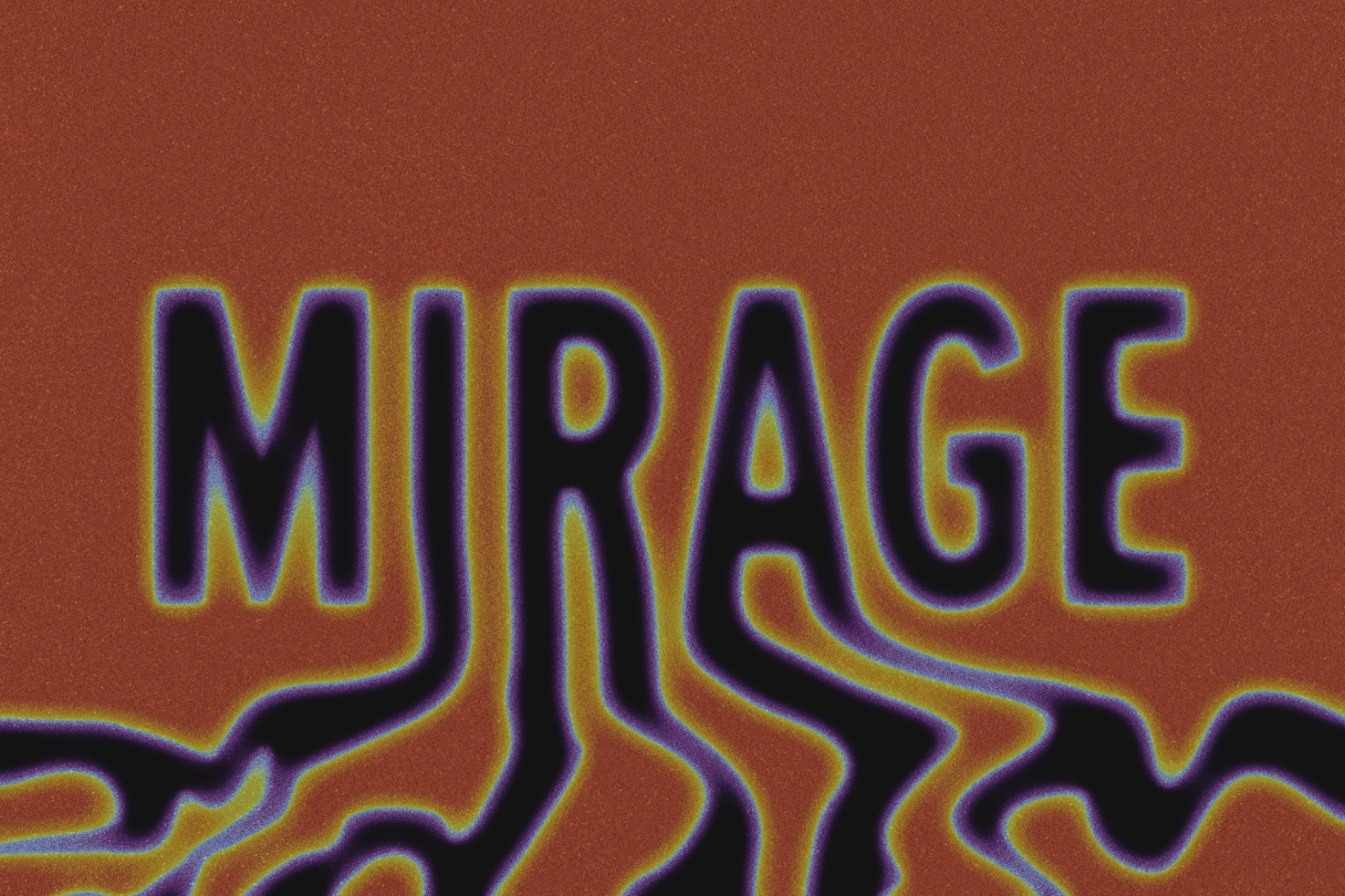 Retro wavy text effect on red background with the word MIRAGE glowing. Perfect for designers creating vintage-inspired graphics or psychedelic template designs.