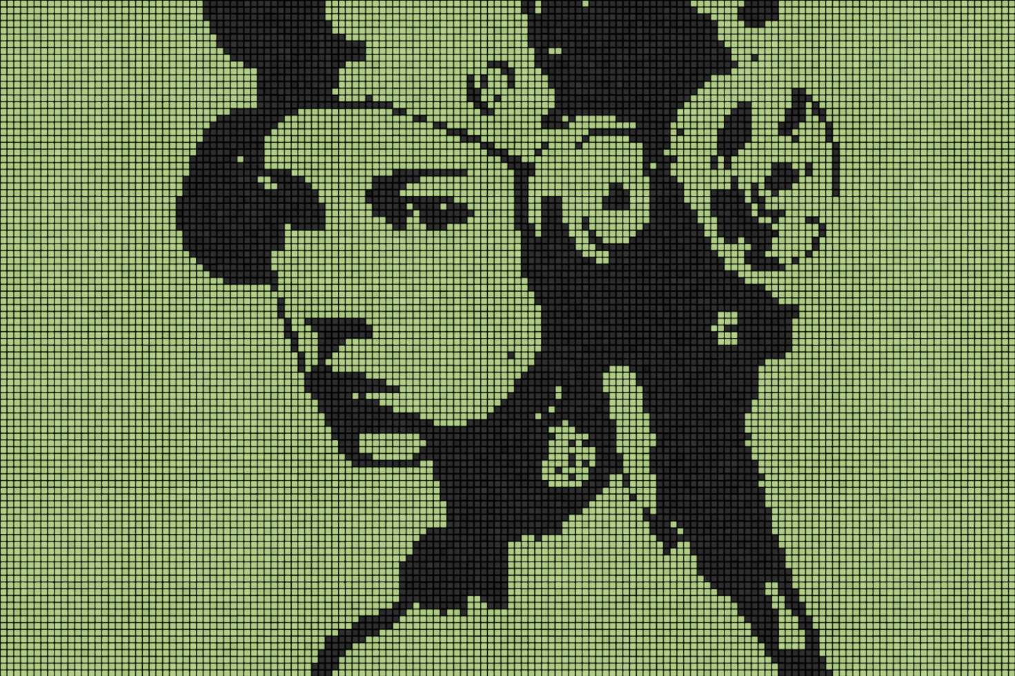 Vector illustration of a woman wearing a helmet mosaic style in green and black. Ideal for graphic design digital assets. Fits Graphics category for designers.