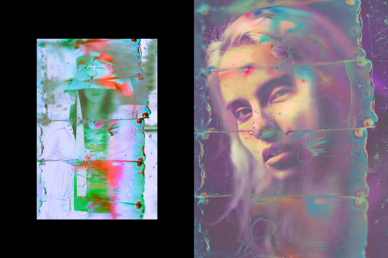 Abstract digital artwork with vibrant colors and distorted portraits, ideal for graphic designers. Perfect for use in mockups, graphics, templates.