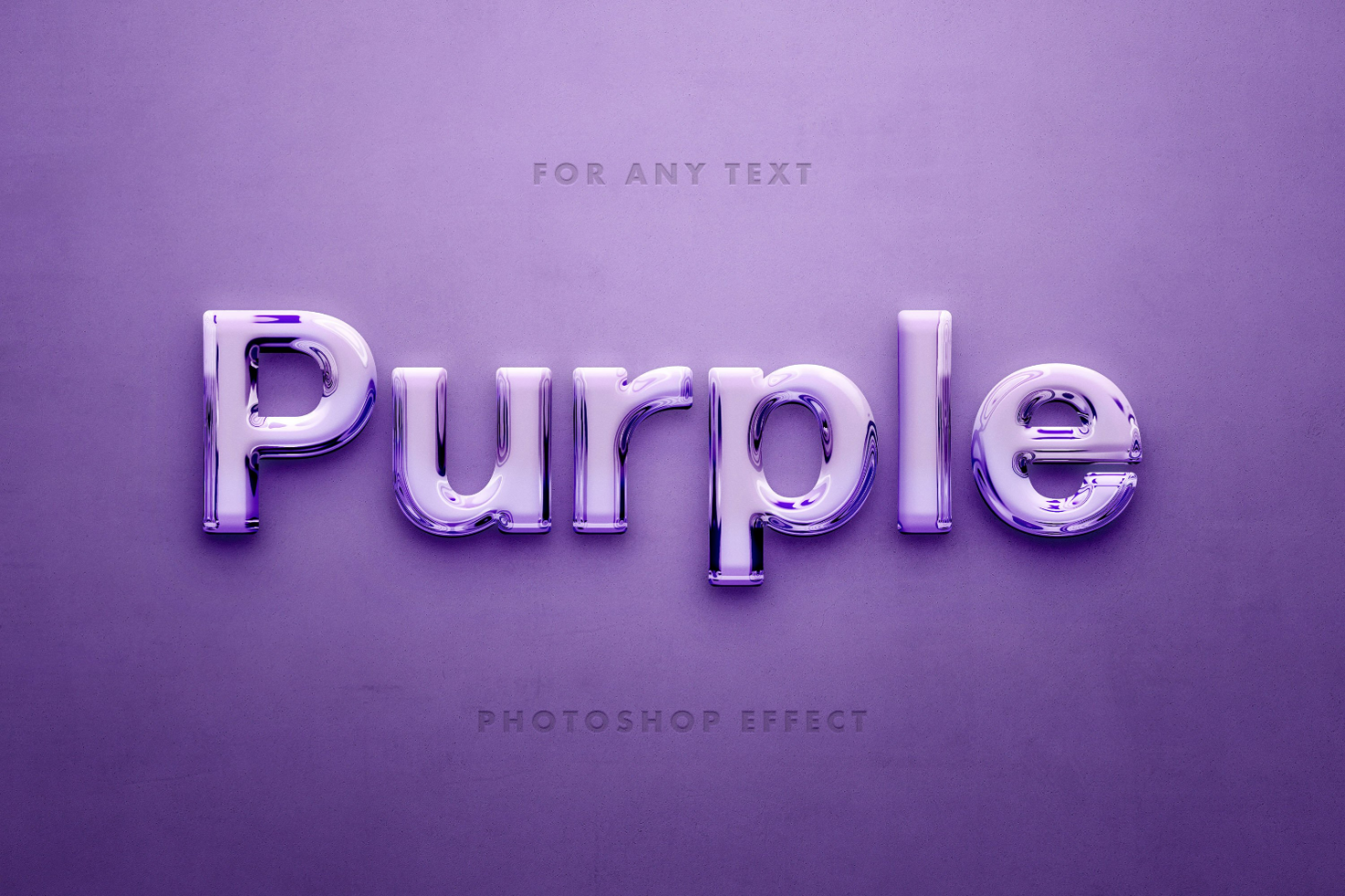 3D purple text effect mockup for Photoshop displaying the word Purple with a glossy chrome finish suitable for graphic designers and digital assets.