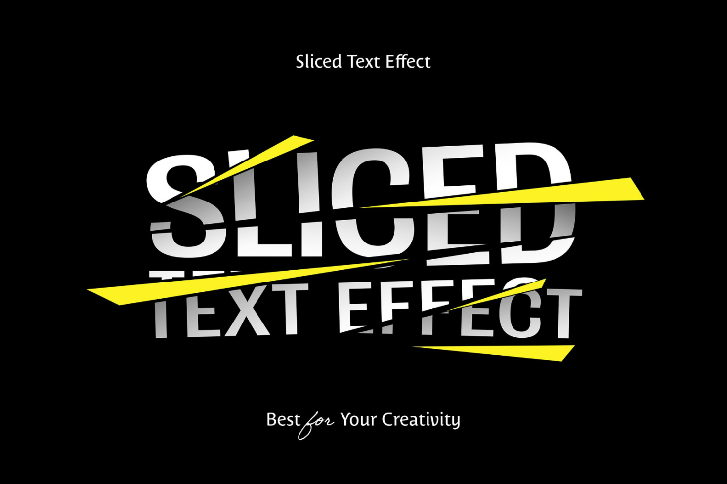 Sliced text effect template with bold white letters and yellow accents on black background ideal for graphic designers creating unique typography designs.