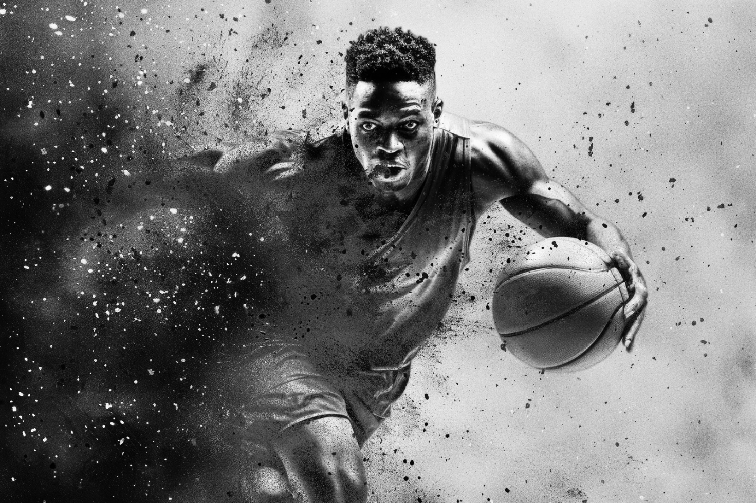 Dynamic black and white basketball player illustration with splatter effects perfect for graphics templates and mockups. Ideal for sports design assets.