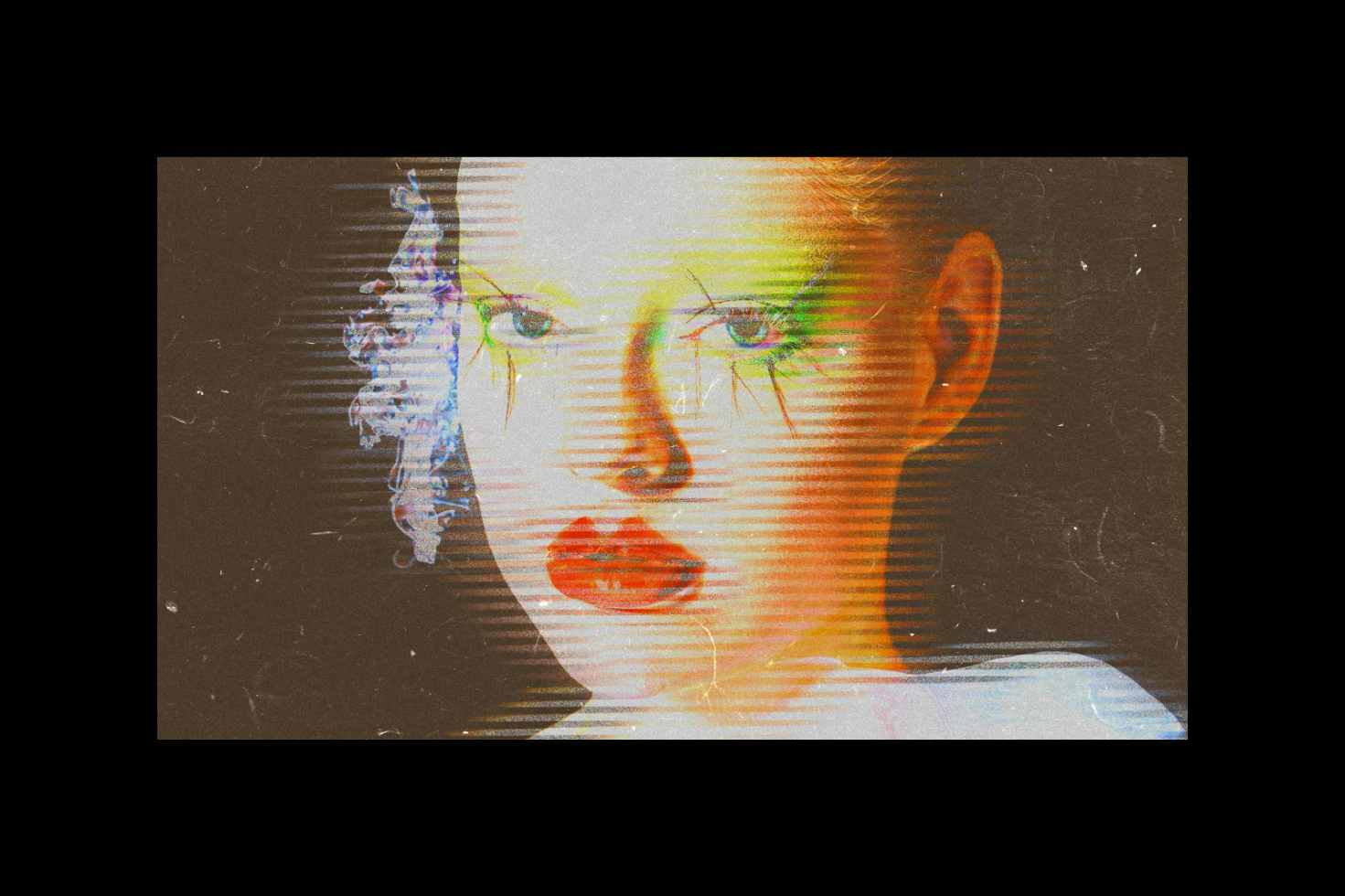 Glitch effect portrait of a woman with colorful makeup and red lips, ideal for use in graphic design projects, templates, and mockups for designers.