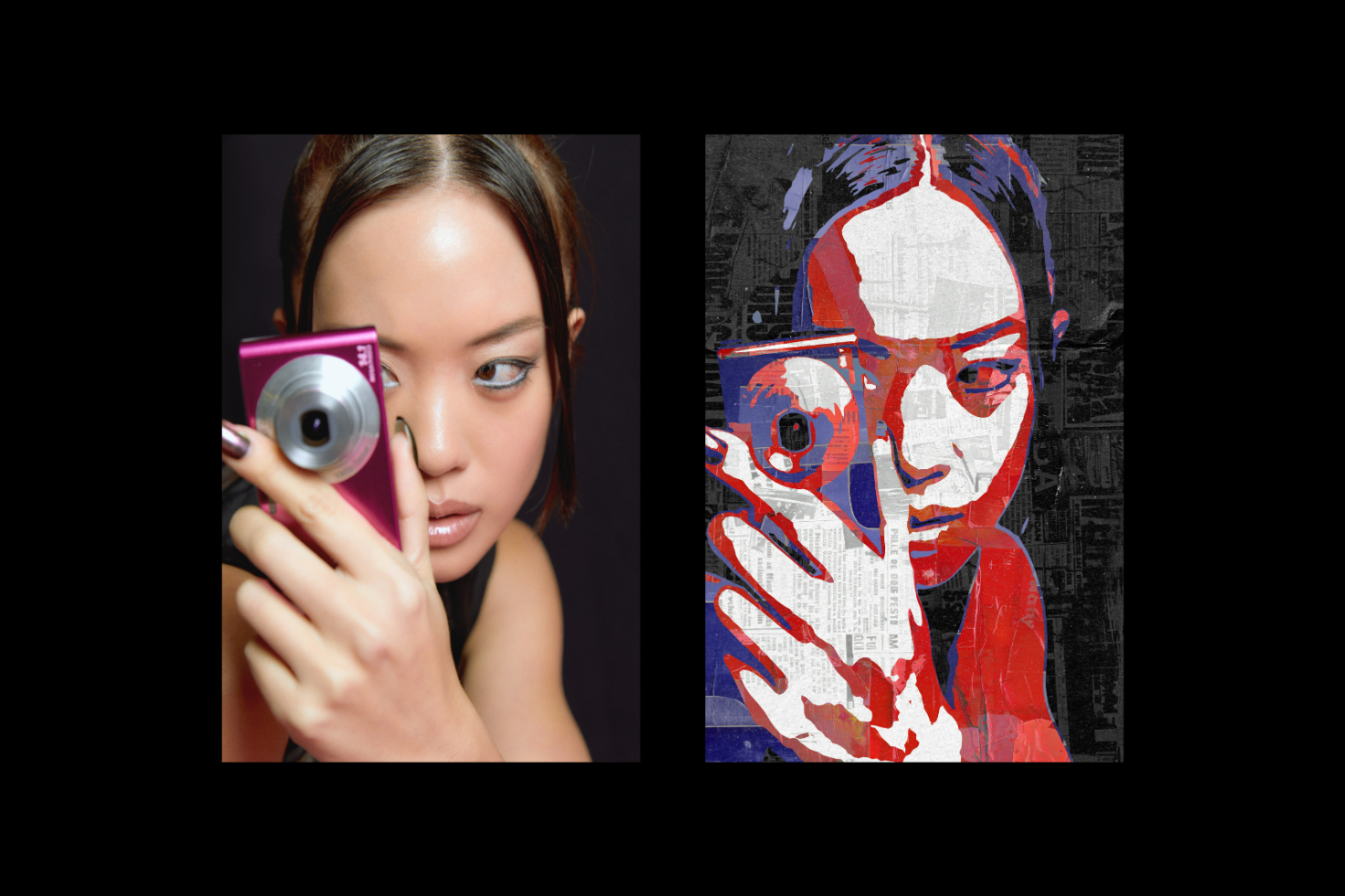 Side-by-side of a woman with a camera and an artistic illustration of the same scene digital assets for designers graphics templates mockups creativity