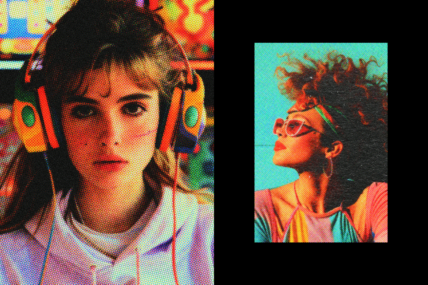 Halftone pop art graphic of a young woman with colorful headphones and another woman with sunglasses. Ideal for digital assets, mockups, and design templates.