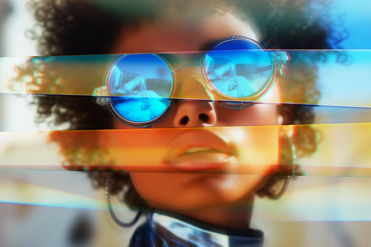 Abstract graphic of a woman's face with curly hair reflecting vibrant colors through round sunglasses. Digital art asset for designers SEO Mockups Graphics Templates