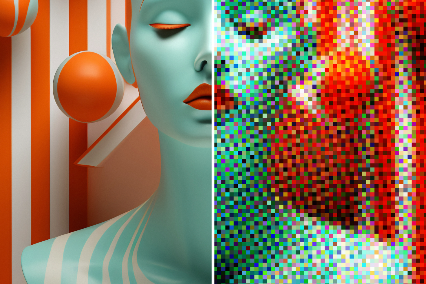 Abstract digital art split into versions: clean minimalistic with orange stripes and spheres on left versus pixelated multicolor on right perfect for graphics templates