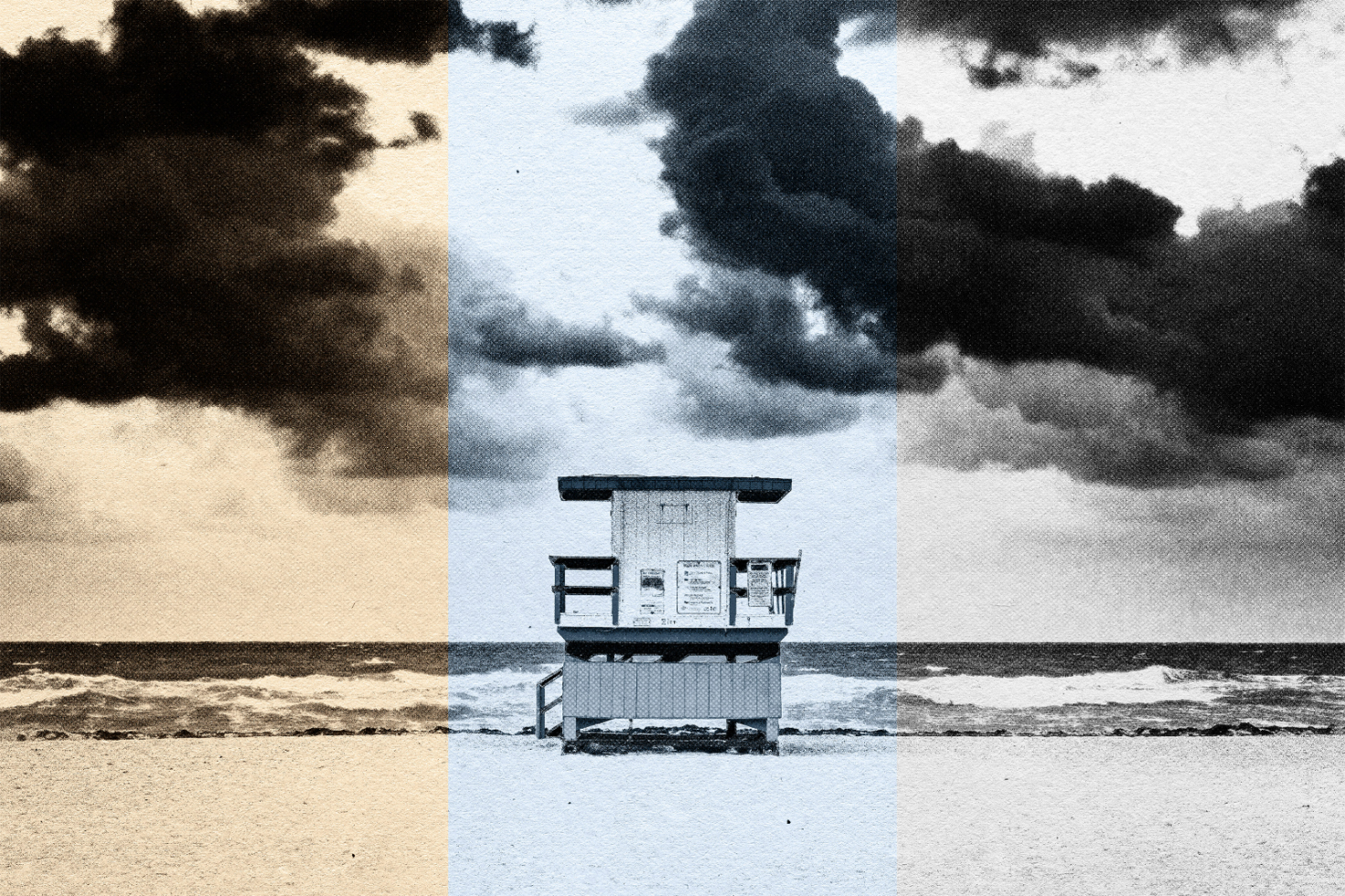 Vintage beach lifeguard tower with stormy skies in divided color schemes. Ideal for graphic designers looking for unique mockups and vintage beach themes.